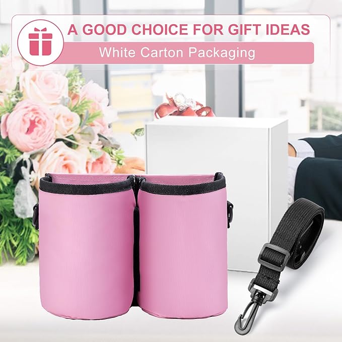 Luggage Cup Holder Travel Drink Bag Luggage Drink Caddy with Shoulder Strap, Thermal Insulation and Zipper Pocket, Travel Accessories Gifts for Flight Attendants, Fits Roll on Suitcase Handles (Pink)