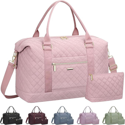 Quilted Travel Duffle Bag for Travel Women with Toiletry Bag, Large Weekender Bags for Women Carry on Duffel Overnight Bag, Waterproof Travel Tote Bags for Sports, Weekender, Business, Pink