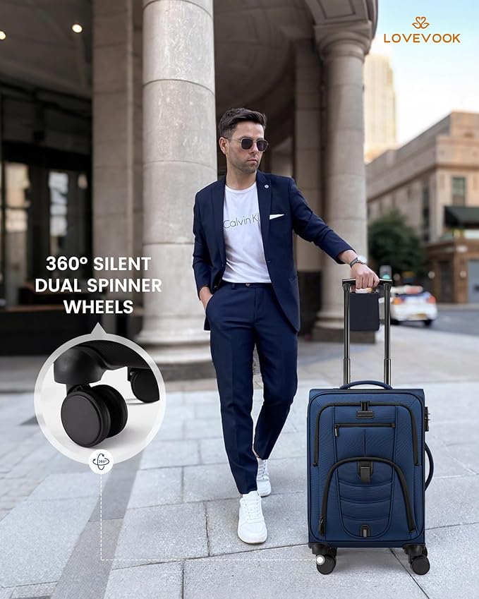 LOVEVOOK Business Softside Checked Luggage with 15.6/17.3 Inch Laptop Compartment, 24 Inch Checked Suitcase with Spinner Wheels, Large Capacity Luggage with TSA Lock for Business Trip Travel Navy Bule