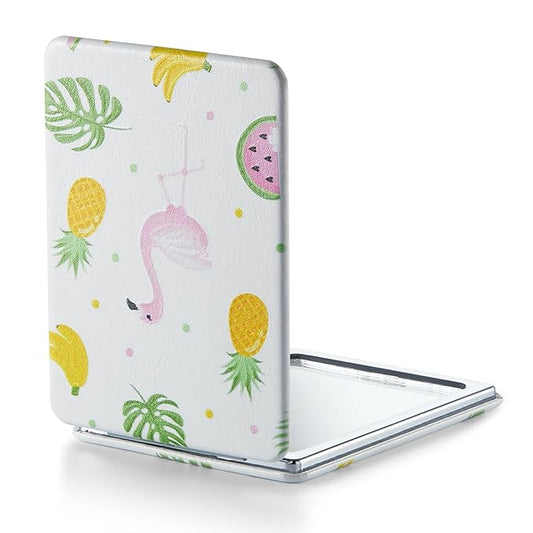 OMIRO 1X/3X Magnifying Mirror, Unique Painting Compact Mirror with Classical PU Leather, 2.4" W x 3.4" L (Flamingo and Tropical Print)