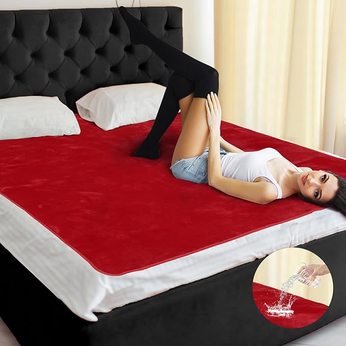 Waterproof Blanket and Stain Proof, Queen Size 80'' x 60'' Double Side Leakproof Reversible Sherpa Flannel Fleece 3 Layer Lightweight Red Blanket, Absorbs 50oz