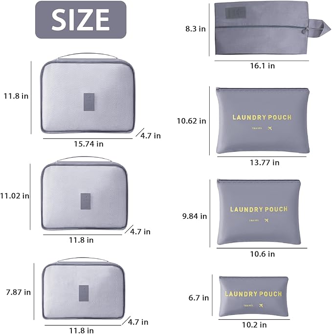 INVODA 7 Set Packing Cubes for Suitcases Travel Essentials for Carry on Luggage Organizer Bags Set for Travel Accessories Luggage Cubes (Grey)