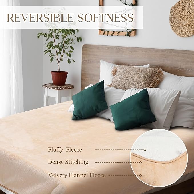 King Size Waterproof Blanket for Bed Couch, 80'' x 80'' Double Side Leakproof Reversible Sherpa Flannel Fleece 3-Layer Lightweight Blanket, Absorbs 70oz(Beige/White), Machine Washable