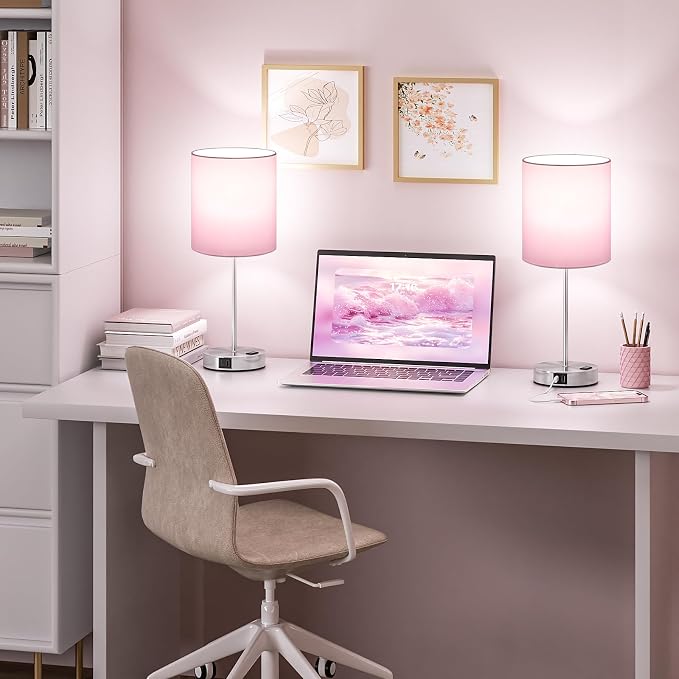 17.6" Pink Touch Lamps for Bedroom Set of 2 - Dimmable, USB C+A, AC Outlet | Large 17.6" Tall Lamp, 3-Way Dimming, 5000K Daylight Bulbs, Pink Lampshade Silver Base, Decor for Living Room, Boys, Girls
