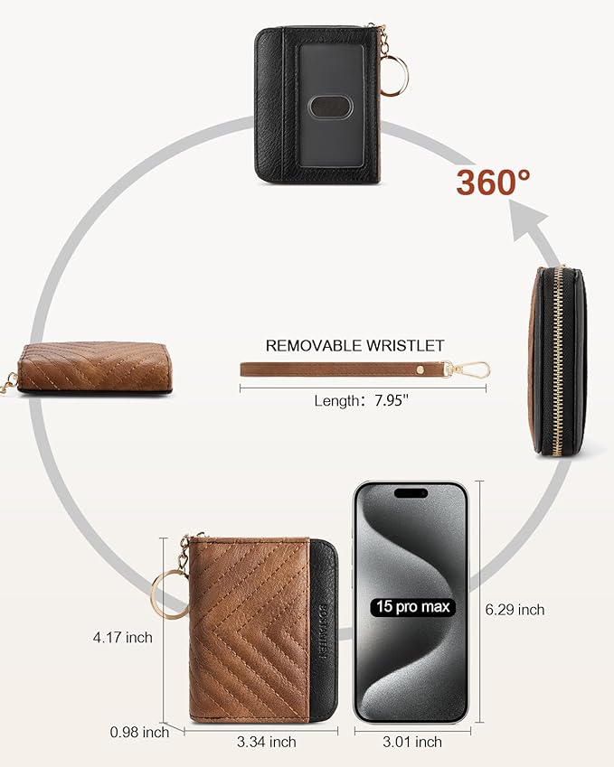 BOSTANTEN Credit Card Holder Wallet RFID Blocking Leather Small Wallet for Women Zipper Keychain Wallet with Wristlet Brown＆Black