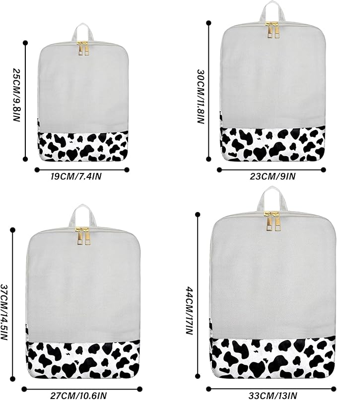 4 Set Packing Cubes Travel Luggage Organizers Compression cubes for Suitcase Travel Accessories for Women Girls Aesthetic Cute-Black White Cow Pattern