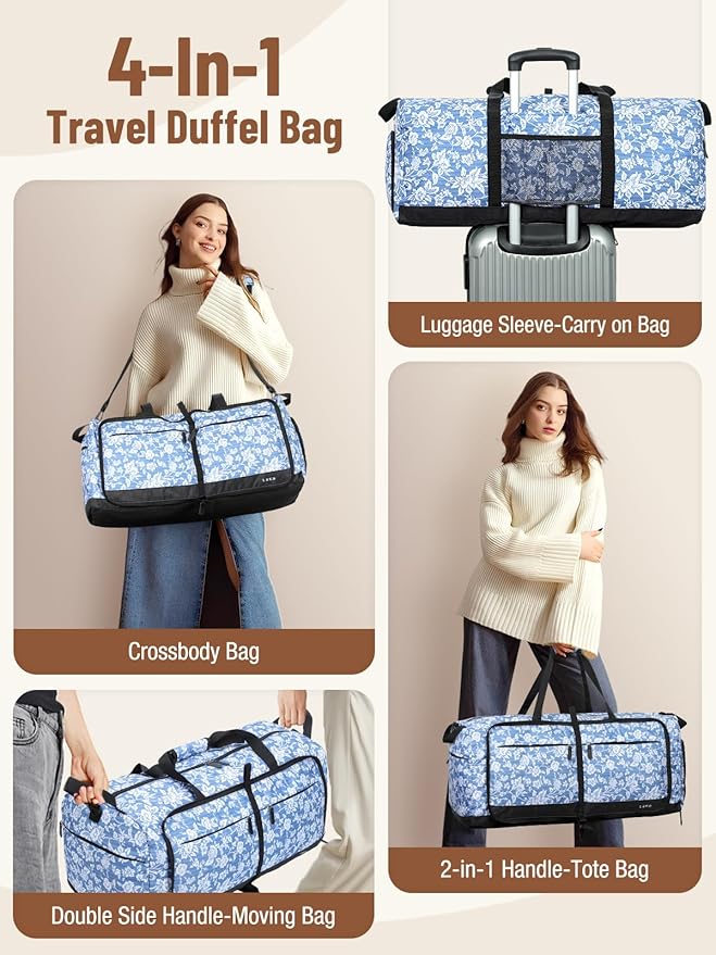 Lekesky Foldable Travel Duffle Bag for Women, Large Duffel Bag with Separate Shoes Compartments & Straps, Carry On Weekend Bag for Women (Blue Floral Print, 80L)