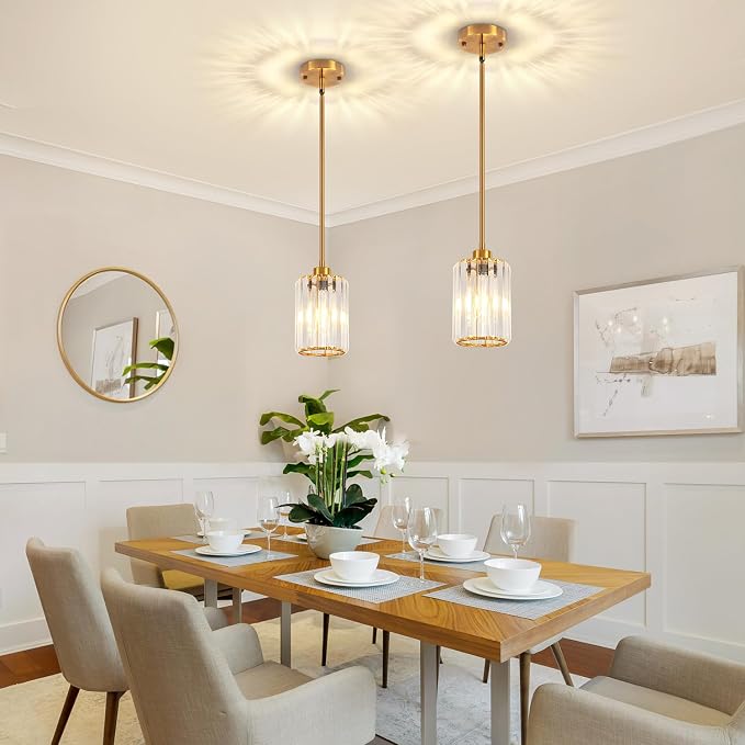 3 Pack Brushed Gold Pendant Lights Kitchen Island Crystal Mini Chandelier | Modern Kitchen Light Fixtures, Adjustable Height Hanging Pendant Lighting for Dining Room Bathroom Hallway Above Sink