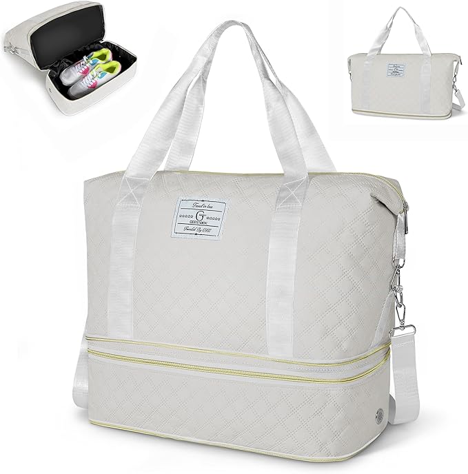 Geestock Travel Duffel Bag, Weekender Bags for Women, Carry on Overnight Bag with Shoe Compartment & Trolley Sleeve, Personal Item Travel Bags with Storage Pouch for Travel, Yoga, Gym, Hospital, White