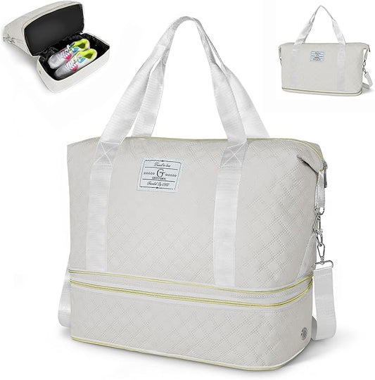 Geestock Travel Duffel Bag, Weekender Bags for Women, Carry on Overnight Bag with Shoe Compartment & Trolley Sleeve, Personal Item Travel Bags with Storage Pouch for Travel, Yoga, Gym, Hospital, White