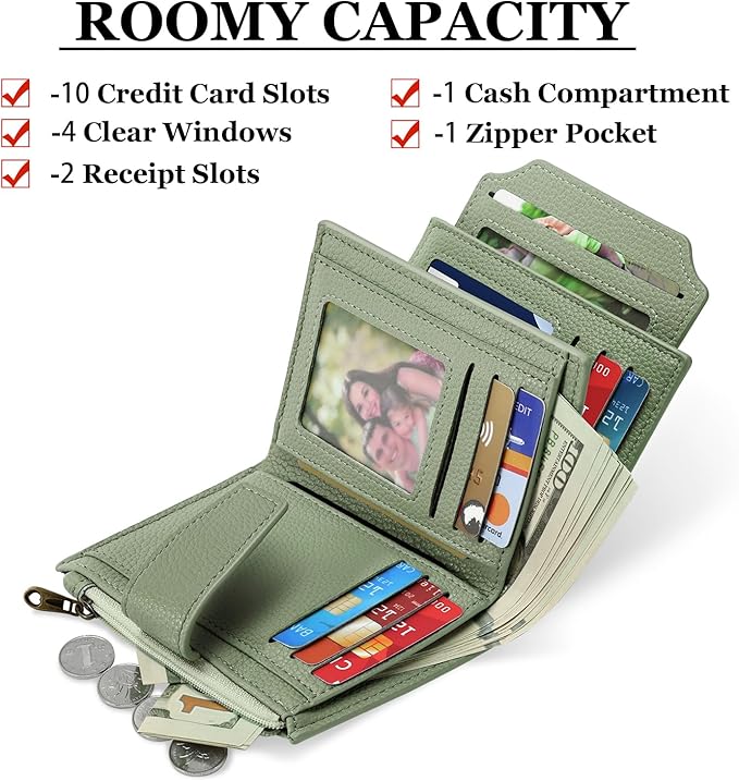Airkit Small Wallet Women RFID Blocking Soft Leather Bifold Compact Card Holder Wallet for Women with Zipper Coin Pocket 4 ID Window