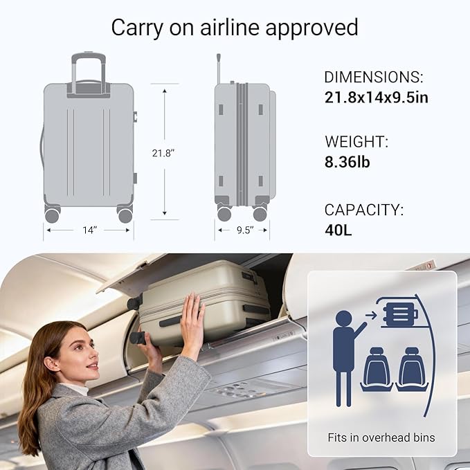 Carry On Luggage with Top Opening, Expandable with Front Pocket and USB Charging Port, Lightweight with Front Compartment Rolling Suitcases with Spinner Wheels (Khaki, 20 Inch)