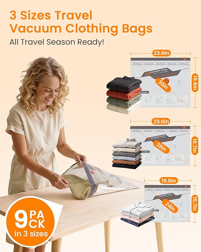 Vacuum Seal Bags for Clothing Travel with Rechargeable Cordless Pump, 9 Pack Compression Space Saver Bags for Packing, Luggage and Seasonal Storage