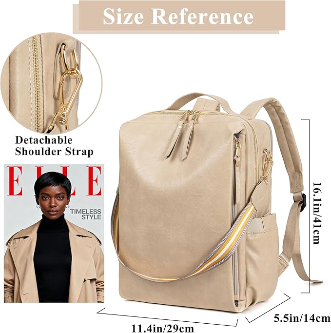 myfriday PU Leather Large Backpack Purse for Women Casual Travel Backpack Convertible Satchel Handbags With Luggage Strap (Biege)