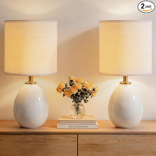 18.5" Table Lamps Set of 2 for Living Room Bedroom, Bedside Lamps for Night Stands, Modern Linen White Ceramic Lamps