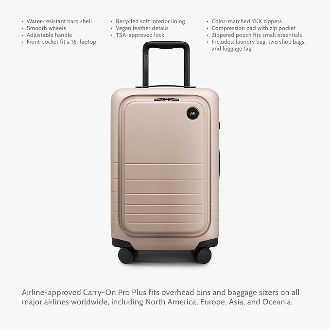 Monos Carry-On Pro Plus Luggage (23"), Hardside Spinner Suitcase with TSA Lock & Front Pocket, Airline Approved, Rose Quartz, Pink