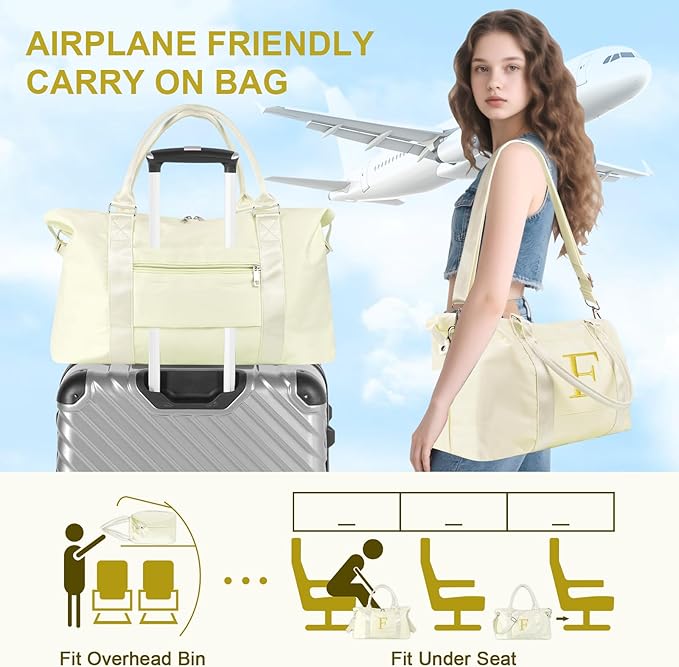 Personalized Initial Gym Dance Bag, Travel Duffel Bag for Teen Girls, Carry On Bag Overnight Weekender Bag with Trolley Sleeve, Birthday Gifts for Women Mom Daughter Graduation Gift(Letter F, Beige)