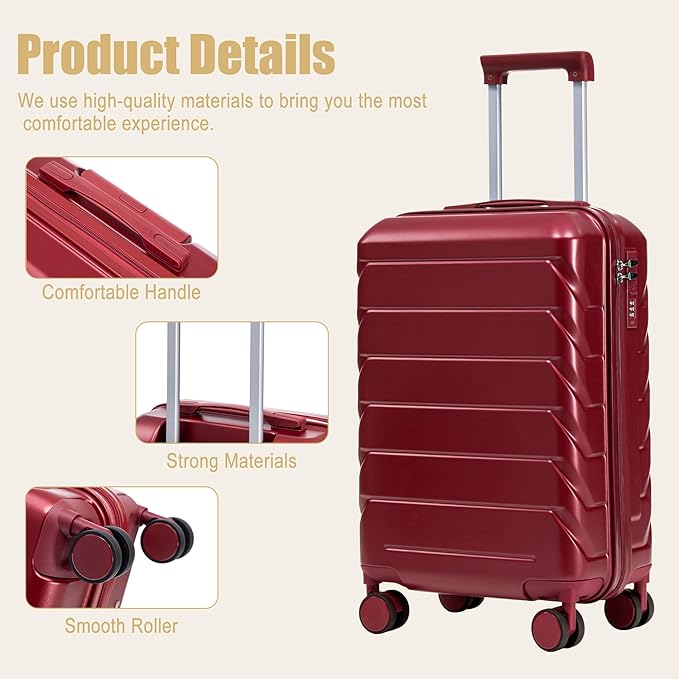 20 Inch Carry On Luggage, Lightweight ABS Hard Shell Suitcase with Spinner Wheels, Durable Travel Luggage with Combination Lock & Side Hooks for Men Women, Red