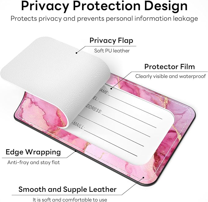 2 Pack PU Leather Luggage Tags for Suitcases, Privacy Protection Cover with Stainless Steel Loop and Address Card, Travel Cruise Essentials (Pink Gold Marble)