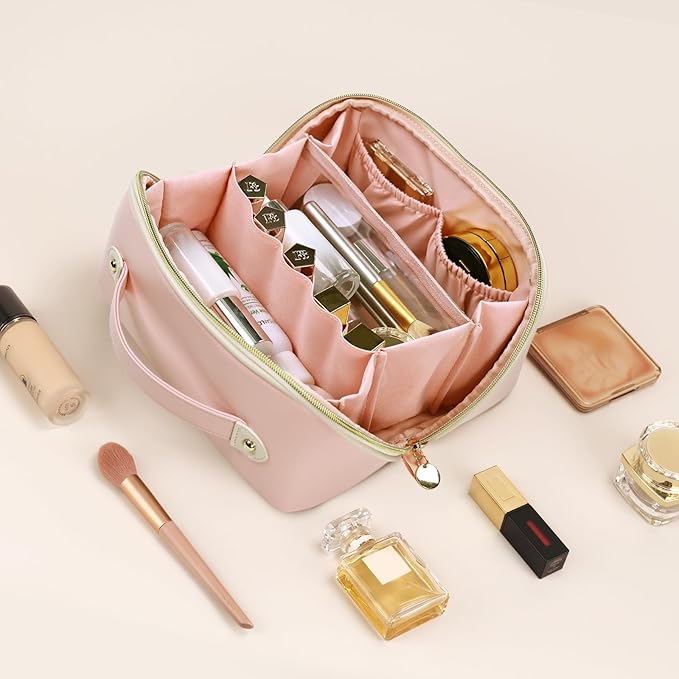 Prite Makeup Bag for Women Travel Waterproof Vegan Leather Cosmetic Bag Open Flat Toiletry Bag With Clear Divider and Handle (Large Pink Pro)