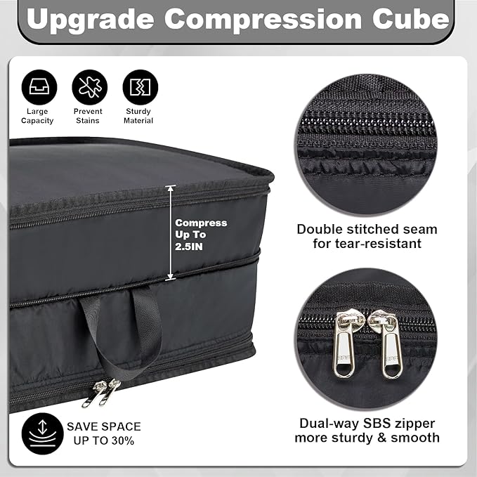 Compression Packing Cubes, 2pc Compression bags for Travel Packing Organizer, Expandable Compression Cubes for Travel, Black