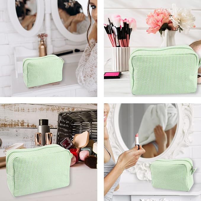 GFU Cosmetic Bags for Women, Seersucker Cosmetic Bag, Travel Toiletry Stripe Makeup Bag, Large Women Aesthetic Organizer Storage Pouch, Girls Handbags Purses, Green