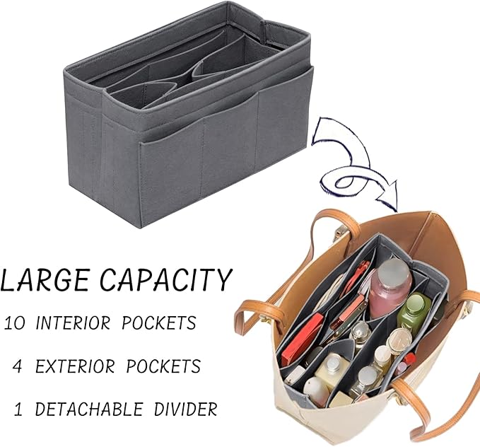 DailyPlus Purse Organizer Insert - Felt Bag Organizer for Tote Purse Bag with 14 Pockets - Grey Large