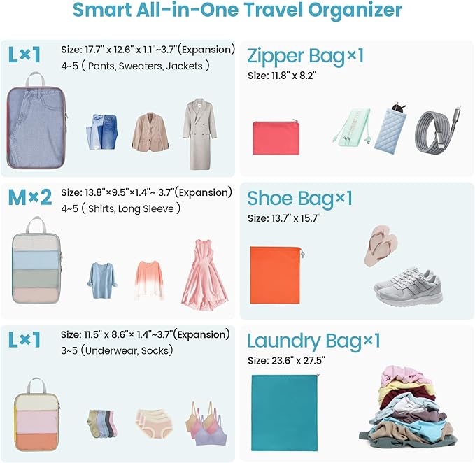 Cambond Compression Packing Cubes for Travel - Lightweight Expandable Travel Bags Luggage Organizers Travel Essentials Compression Cubes for Travel Space Saver for Carry on Suitcases Organizer