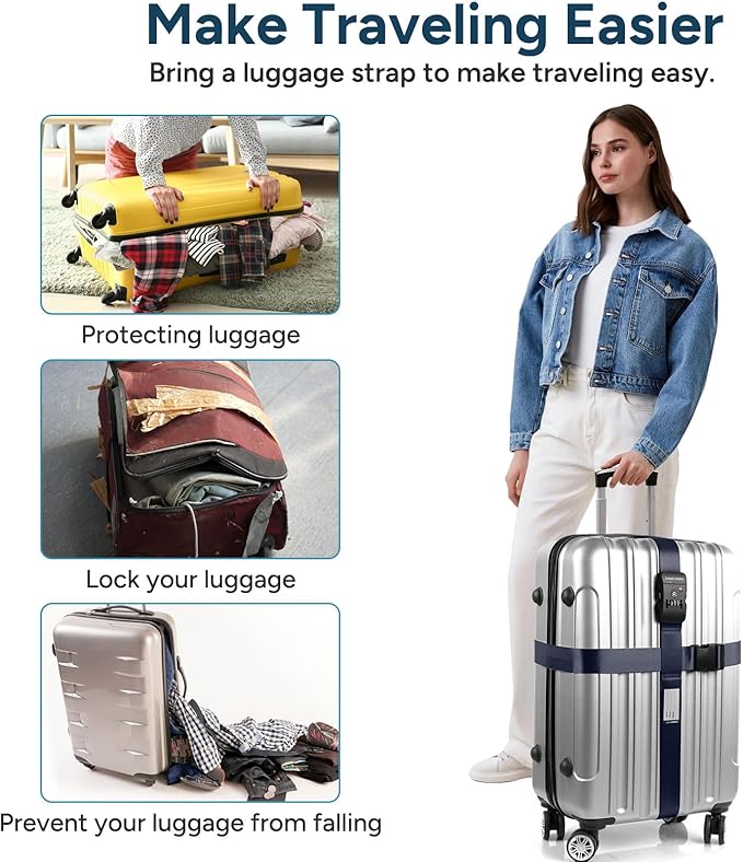 Travel Inspira Luggage Straps TSA Approved, 2 Pack Navy Blue Suitcase Straps with TSA Lock, Heavy Duty Adjustable Cross Travel Belt, Locking Bag Straps for Suitcases, Anti-Theft Travel Gear