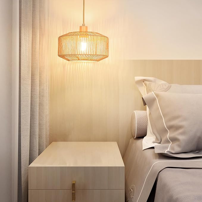 Qingmiao Boho Plug in Pendant Light, Handwoven Shade, 3 Way Bulb, 14ft Cord | Rattan Hanging Lamp Plug in, Dimmable Hanging Light Fixture for Living Room Bedroom Kitchen Ceiling Farmhouse Home Decor