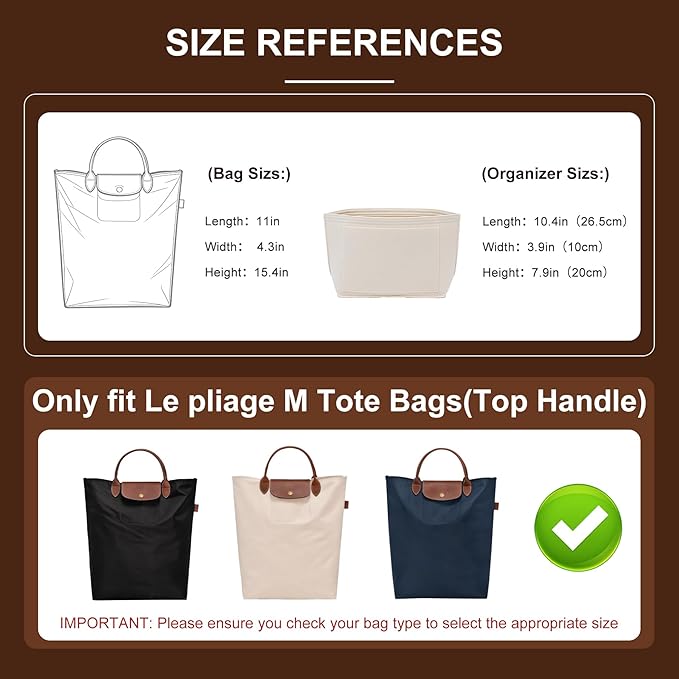 Doxo Felt Purse Organizer Insert for Longchamp Le Pliage M Totes, Longchamp Orgainzer Insert Meduim with 7 Compartments & YKK Zipper | Fits Long Champ Meidum Top Handle Tote Bag (SM, Beige)