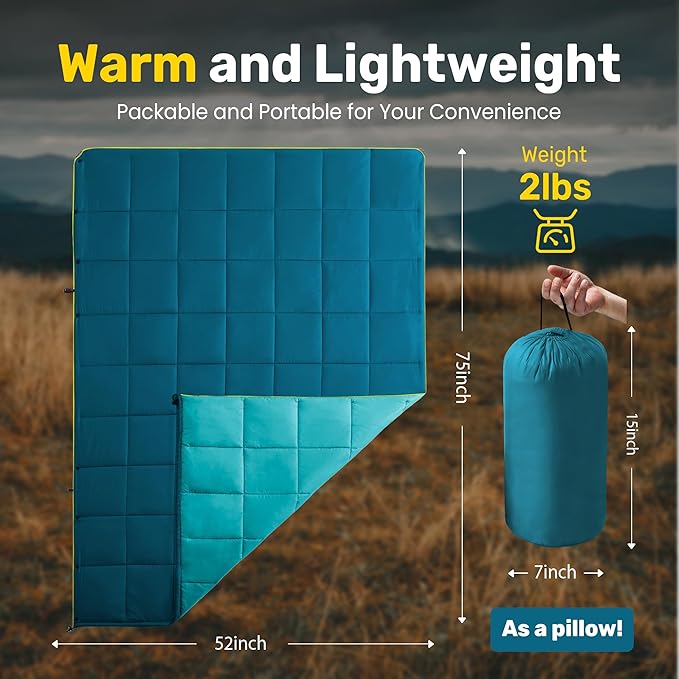 UNIKOME Waterproof Puffy Camping Blanket - Lightweight Packable Outdoor Quilt with Snaps & Corner Loops, Warm Compact Blanket for Cold Weather Hiking Picnic Stadium Travel, 75"×52", Lake Blue&Sky Blue