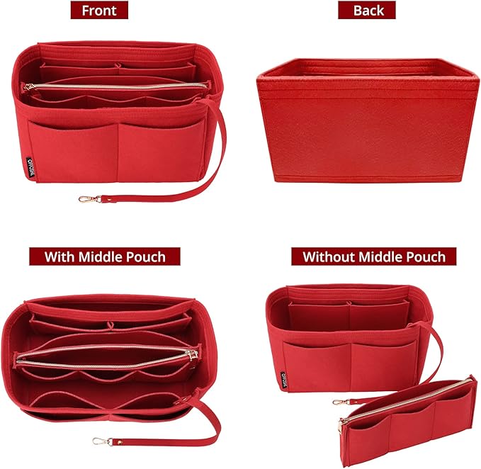 OPPOSHE Purse Organizer Insert for Handbags, Softened Felt Bag Insert Organizer for Tote, Compatible with LV, Coach, MK, Kate Spade, Goyard, Longchamp (Red, Medium)