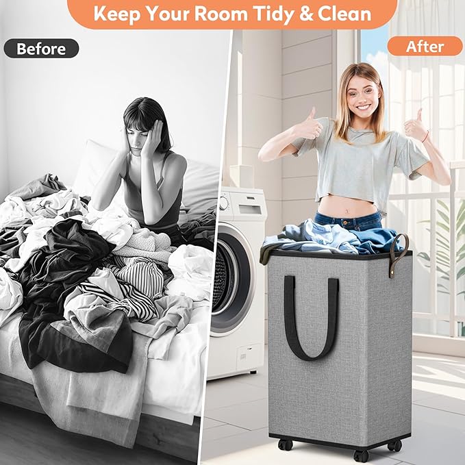Laundry Basket with Wheels, Collapsible Laundry Baskets, Laundry Hamper with Handles Detachable Wheels, Rolling Laundry Basket, Dirty Clothes Hamper for Bathroom, Dorm, Bedroom, Grey, 80L