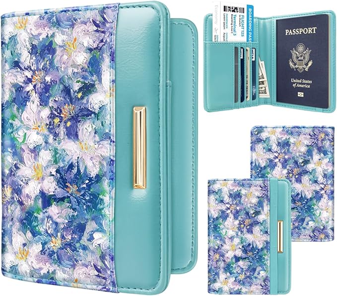 Passport Holder Cover, RFID Travel Wallet Credit Card Holder Blue Green Cute Floral Passport Book Holders for Women with Elastic Band and Golden Metal Decoration, Blue Flowers