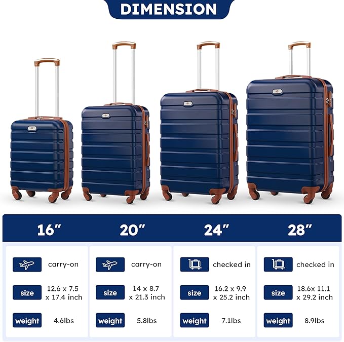 Suitour 4 Piece Luggage Sets, Hard Shell Suitcase Set with Spinner Wheels 16 20 24 28inch Travel Sets(Navy Brown)