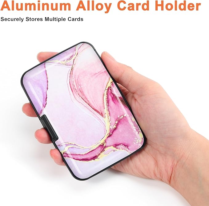 Mayski Credit Card Holder, RFID Blocking, Aluminum Alloy Hard Case, Small Mini Business Metal Wallet for Women Men, Pink Marble