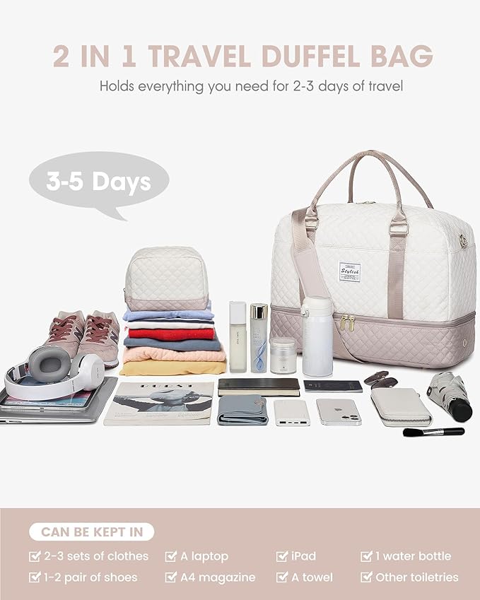 Travel Duffle Bag Weekender for Women: Travel Duffel Bag Carry-On Overnight Bag with Shoe Compartment & Wet Pocket Large Weekend Tote Bag with Gym Duffel Bag for Hospital Beige