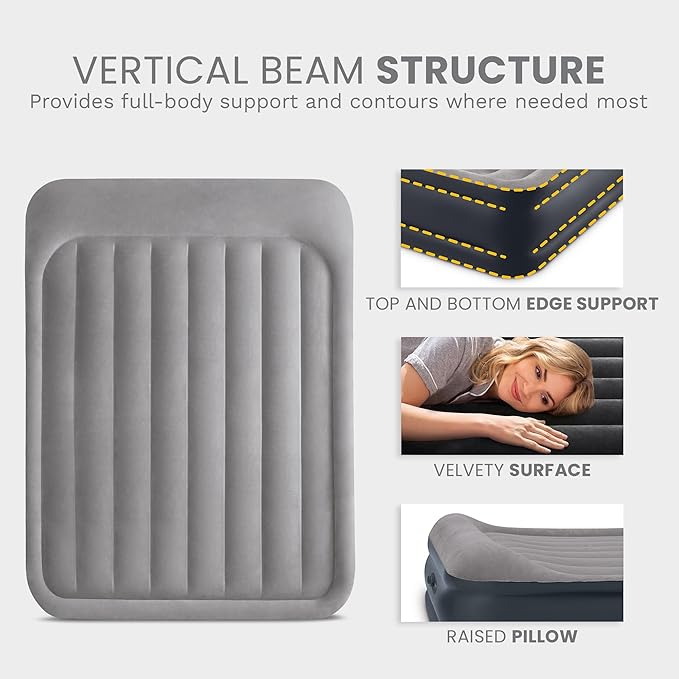 Intex 64135ED Dura-Beam Plus Deluxe Pillow: Fiber-Tech – Queen Size – Built-in Electric Pump – 16.5in Bed Height – 600lb Weight Capacity