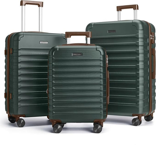 LIGHT FLIGHT Luggage Sets, 3 Piece Durable Suitcase Set with Spinner Wheels, 3 Pcs Hard Shell Lightweight Luggage with TSA Lock, Large Checked Travel Suitcases, 20/24/28 Inch,Green/Brown