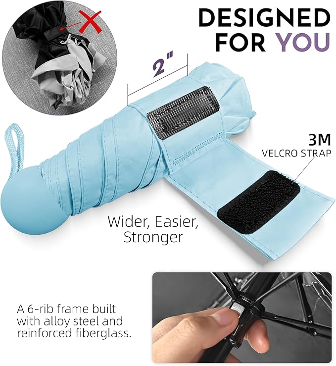Travel Mini Umbrella Compact Small & Lightweight, UV Rain Protection, Pocket-Sized Folding Umbrellas with Quickdraw & Case for Men Women & Kids Backpack