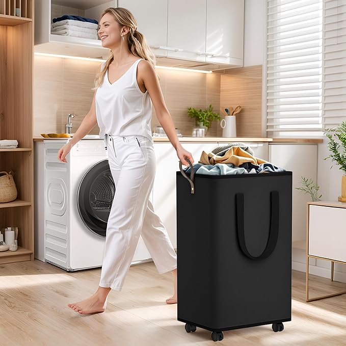 Laundry Basket with Wheels, Collapsible Laundry Baskets, Laundry Hamper with Handles Detachable Wheels, Rolling Laundry Basket, Dirty Clothes Hamper for Bathroom, Dorm, Bedroom, Black, 100L