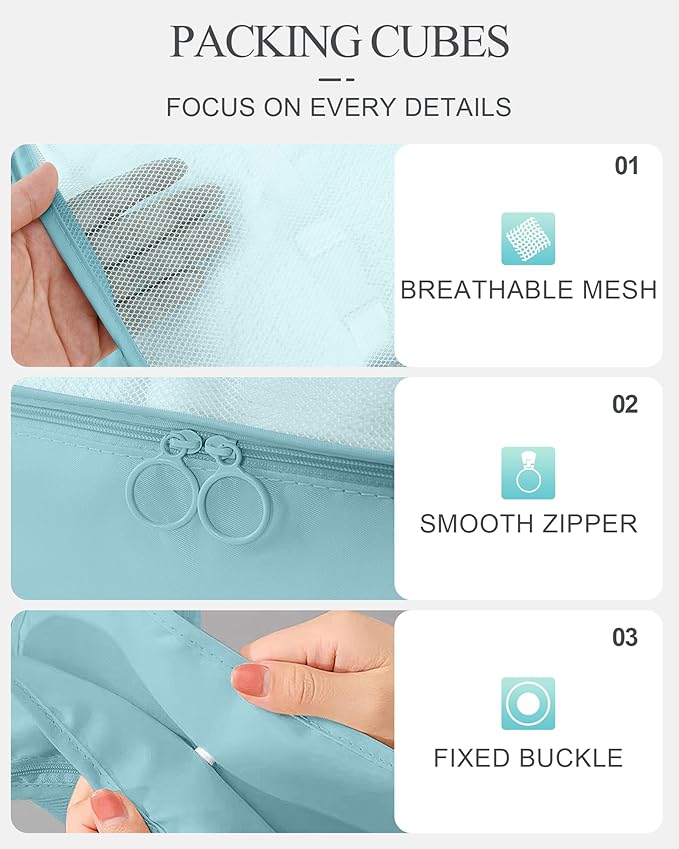 Packing Cubes 10 PCS, Mesh Breathable Luggage Organizers Bags, Packing Organizers, Durable Travel Essentials Bags Set, Travel Packing Organizers, Lake blue