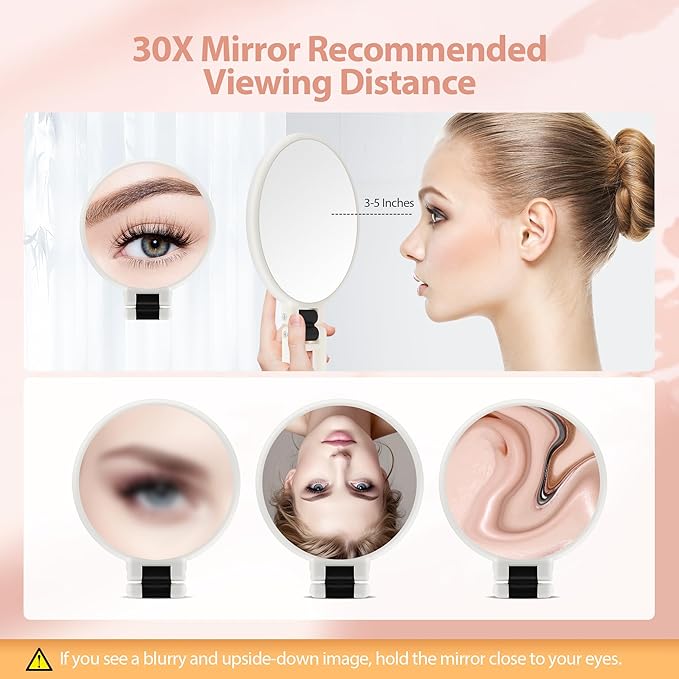 B Beauty Planet 30X Magnifying Mirror, Hand Mirror with Handle, Double Sided Hand Mirror with 30X/1X Magnification, Travel Essential Portable Foldable Makeup Mirror for Precision Makeup White