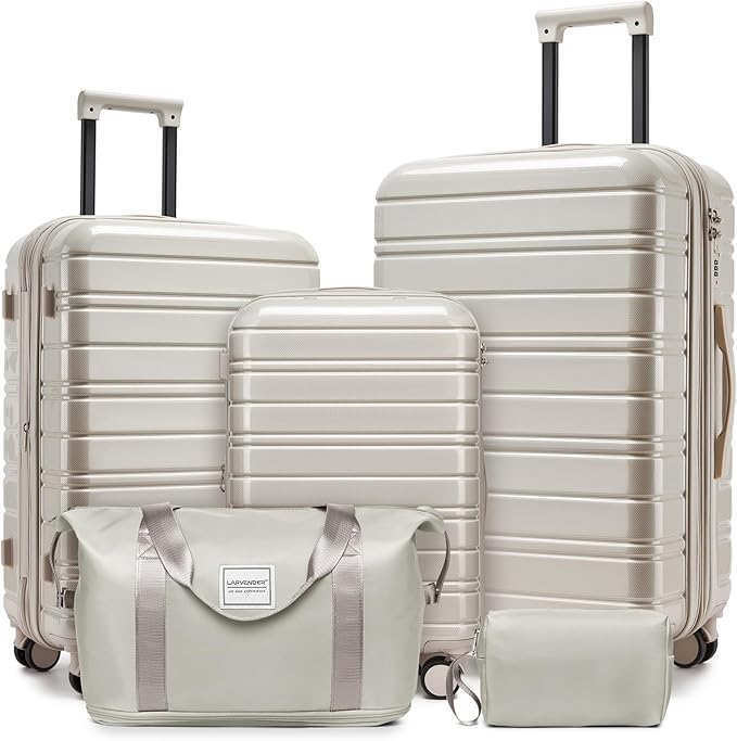 LARVENDER Luggage Sets 5 Piece Hardside Expandable Suitcase with Wheels Lock,PC+ABS Hardside Lightweight Rolling Suitcase for Women and Men,Champagne