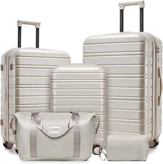 LARVENDER Luggage Sets 5 Piece Hardside Expandable Suitcase with Wheels Lock,PC+ABS Hardside Lightweight Rolling Suitcase for Women and Men,Champagne