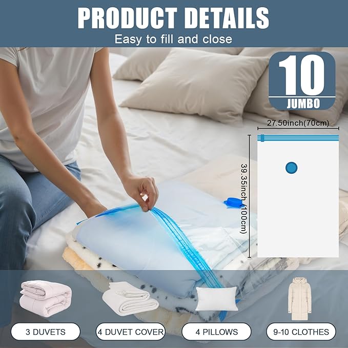 10 Jumbo Vacuum Storage Bags, Vacuum Seal Bags for Clothing Space Saver Compression Storage Bag with Hand Pump Extra Large for Clothing Travel Comforters Blankets Pillow Bedding Duvets Clothes