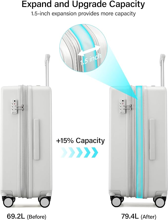 Hanke 24 Inch Expandable Hard Sided Luggage with Spinner Wheels, Checked Luggage for Travel, Hard Shell Suitcases With Wheels Durable Medium Suitcase for Woman Men with Tsa Lock(Smoke White)