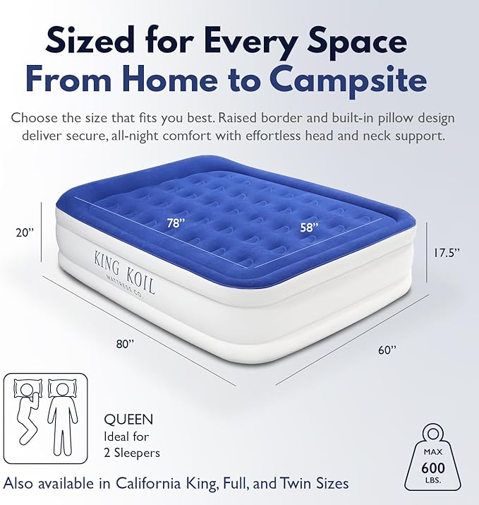 King Koil Luxury Queen Air Mattress with Built-in Pillow & Ultra-Fast Built-in High-Speed Pump, 20″ Inflatable Premium Airbed, Waterproof, Adjustable Firmness, 1-Year Manufacturer Warranty