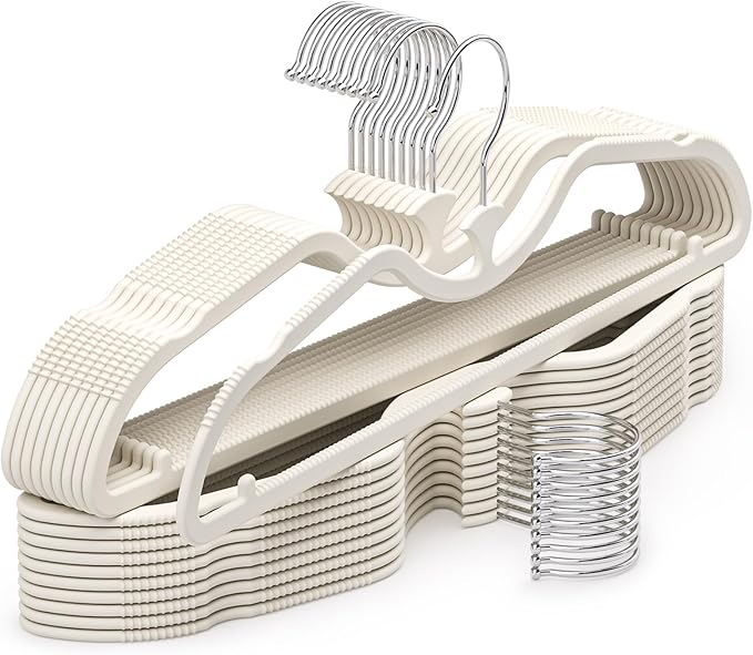 20 Pack Upgraded Short Neck Vertical Space Saver Hangers, 360 Degree Swivel Hooks, Non-Slip Hangers, Liquid Silicone, Smooth as Skin (Not Velvet) - Cream